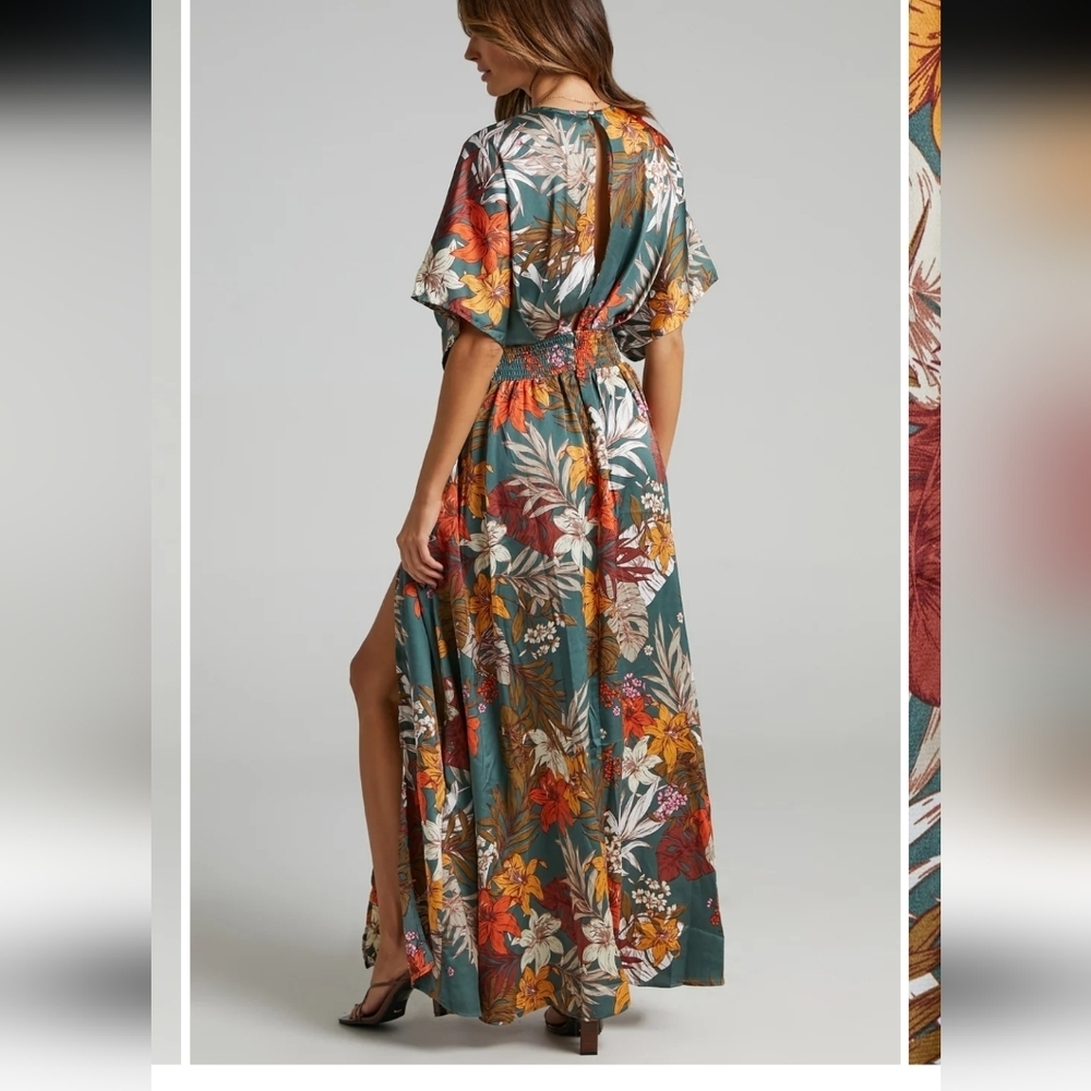 Showpo. Vacay Ready Maxi Dress Plunge Thigh Split Dress in Teal Floral Satin 6 - Picture 4 of 14